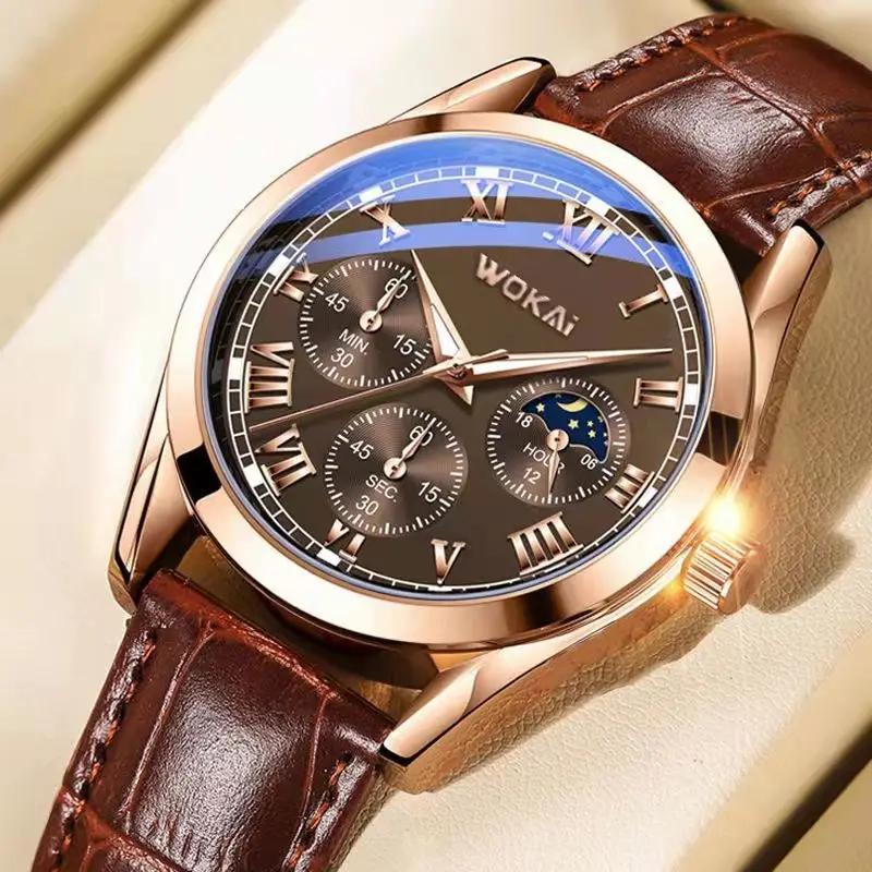 WOKAI high quality men's fashion casual luminous belt classic quartz watch Men's business Sport waterproof student retro clock