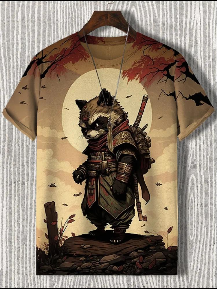 Men's T-Shirt Japanese Style Samurai Cat Graphic 3D Printed T-Shirt Casual Short Sleeved Tee Outdoor Oversized Men Clothing Tops