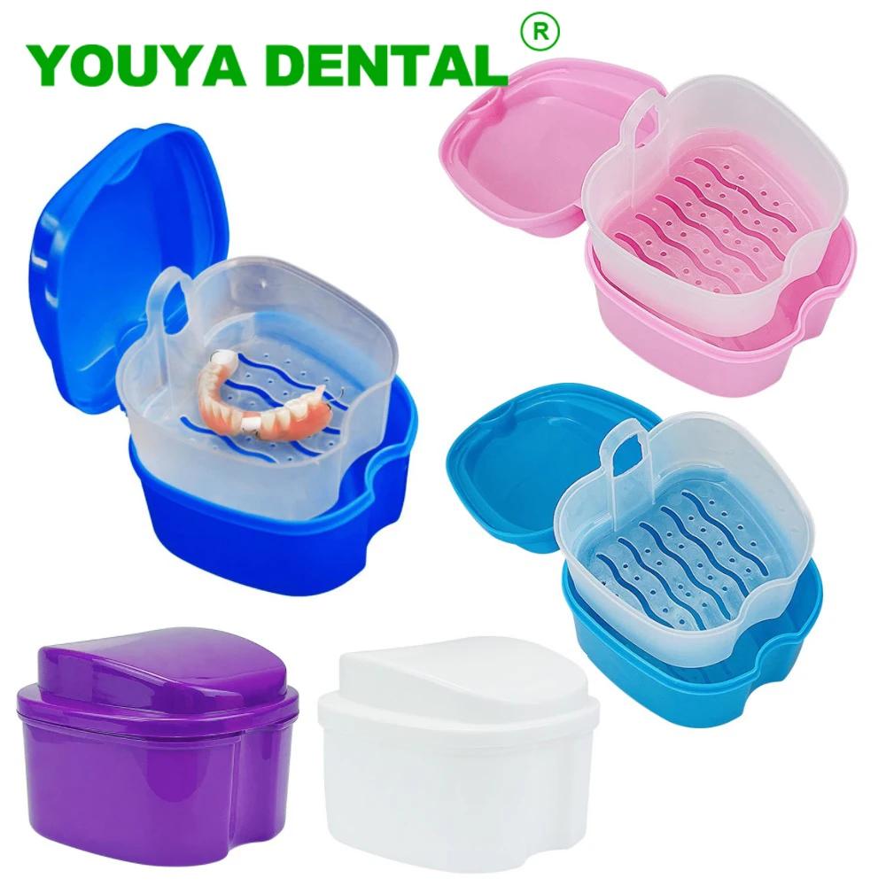 Denture Bath Box Cleaning False Teeth Storage Box With Hanging Net Container Artificial Tooth Case Orthodontic Retainer Case