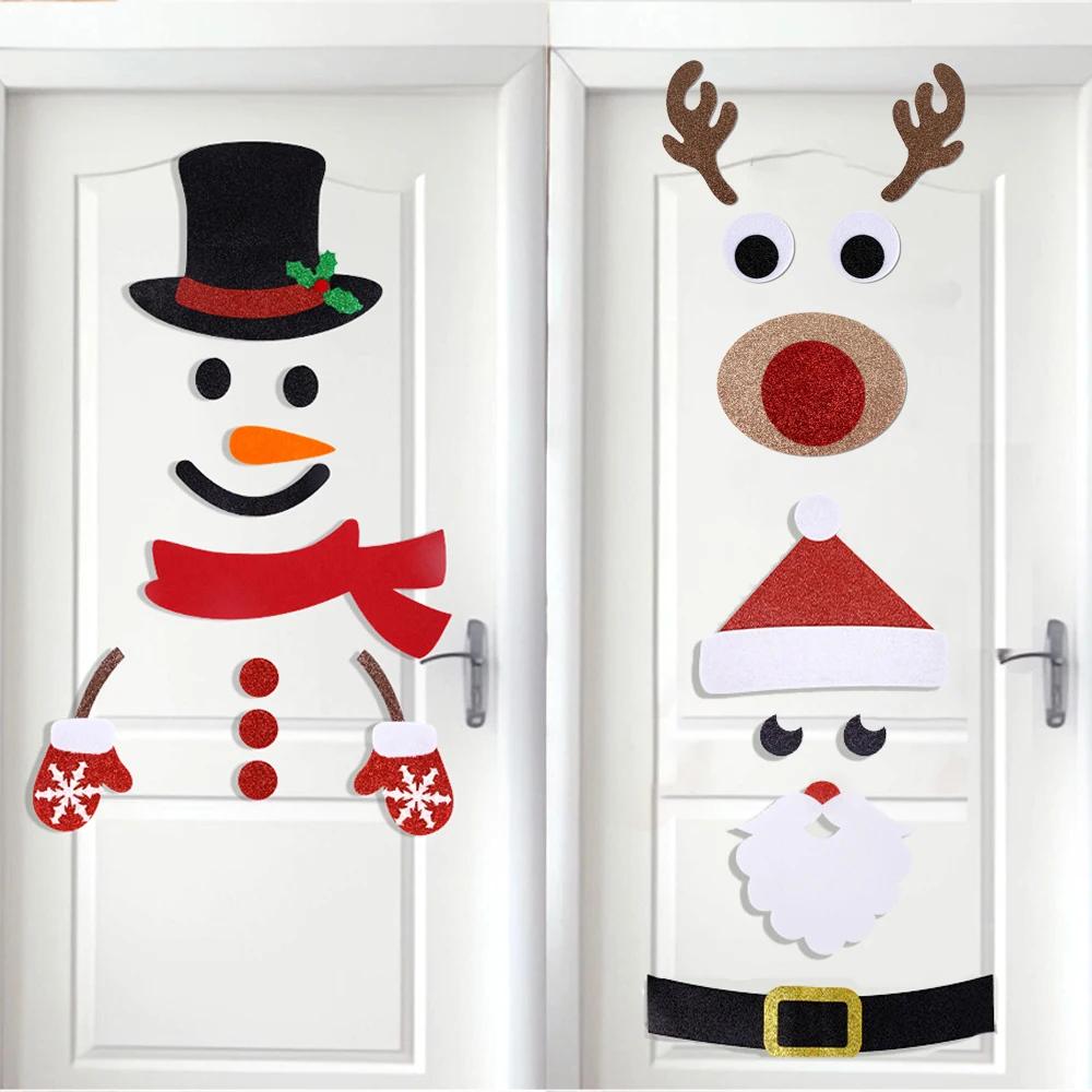 Christmas Door Window Stickers Felt Cloth Cartoon Snowman Santa Claus Elk Wall Sticker for Winter Xmas Noel new year Decor Decal