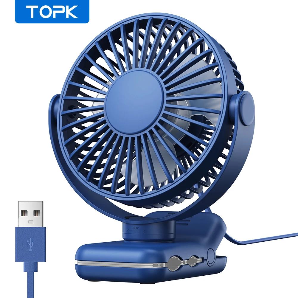 TOPK K62B Small Portable Clip Fan USB Desk Fan with 3 Speeds Strong Airflow, 720° Rotation, Ultra-Quiet, Desk Fans for Home/Offi