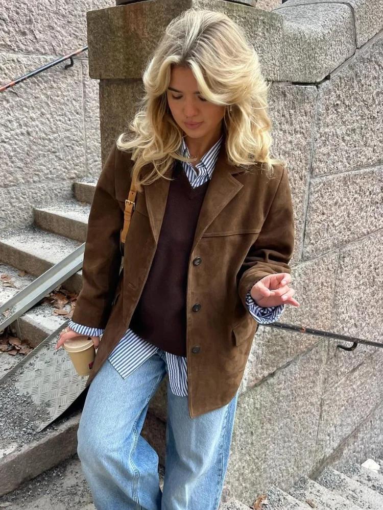 Women Chic Brown Casual Suede Jackets Lapel Long Sleeve Single Breasted Pockets Coats Autumn Solid Office Lady Commuting Tops