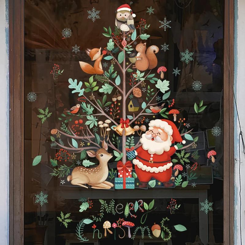 2024 Christmas Window Stickers Santa Claus Xmas Tree Cartoon Glass Decal Merry Christmas New Year Holiday Decorations for Home