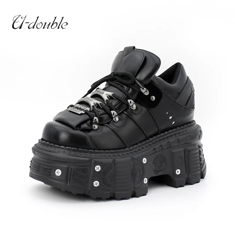 New Punk Style Women Shoes Lace-up Heel Height 6CM Platform Shoes Woman Gothic Ankle Rock Boots Metal Decor Woman Sneakers