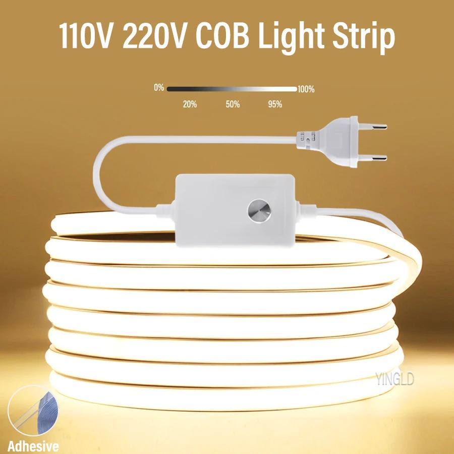 220V COB LED Strip Light High Bright Switch/Dimmable US 110v EU Plug Neon Tape Kitchen Cabinet  lighting Waterproof garden