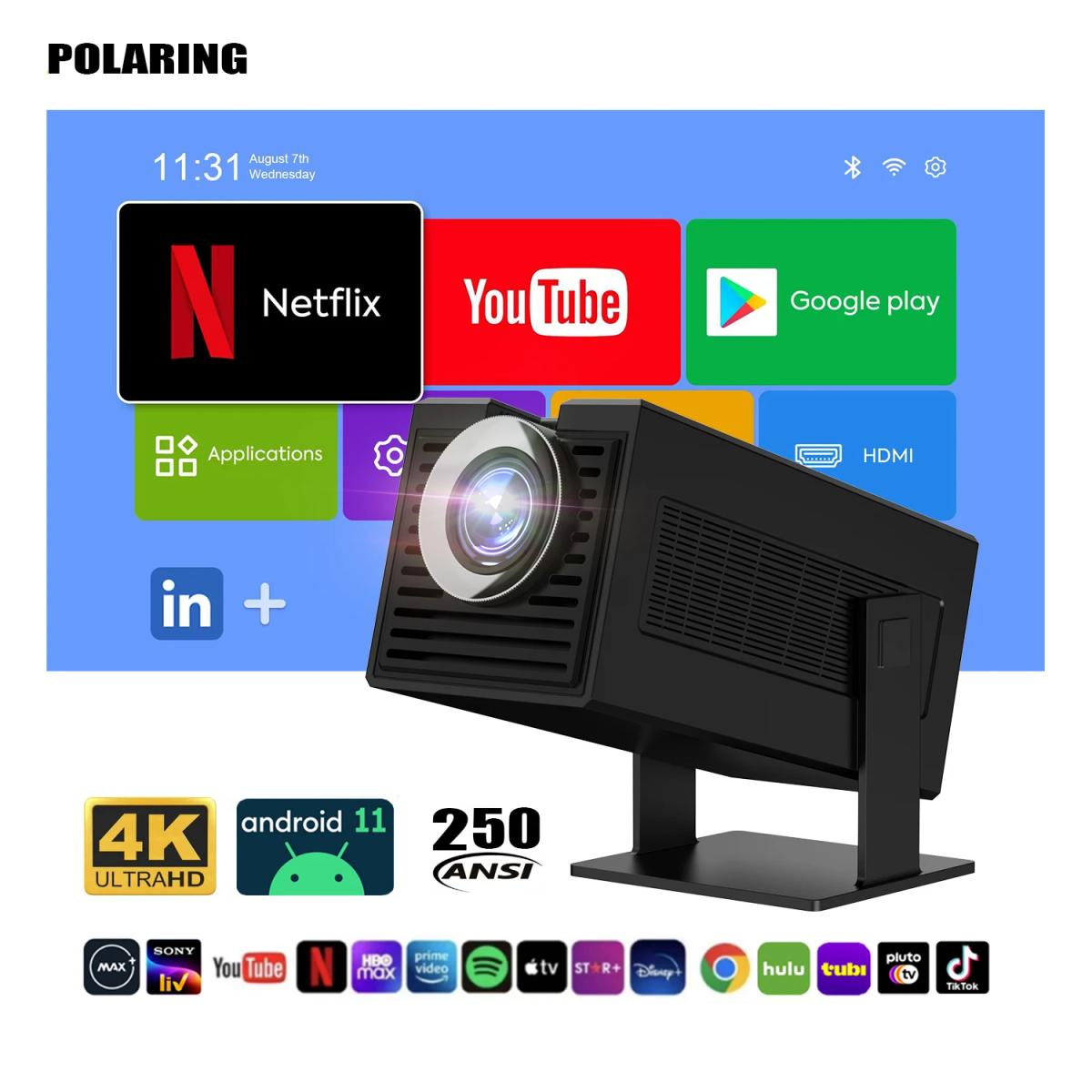 Polaring P50Mini Android Projector H713 Chip 5G Wifi BT 250Ansi Cinema Home Keystone HDMI Proyector 1080P 4K  projector