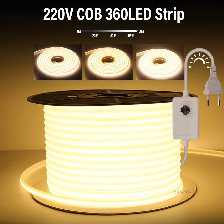 COB LED Strip 220V Switch/Dimmable Power EU Plug 360LEDs/m 3000k 6000k RA90 Outdoor Garden FOB LED Tape Bedroom Kitchen Lighting