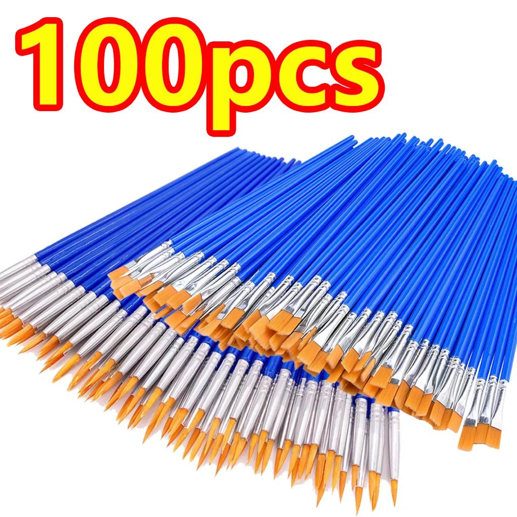 100pcs Memory Nylon Brush Set Painting Graffiti Acrylic Watercolor Professional Art Supplies Plastic Rod Aluminum Tube Line Pen