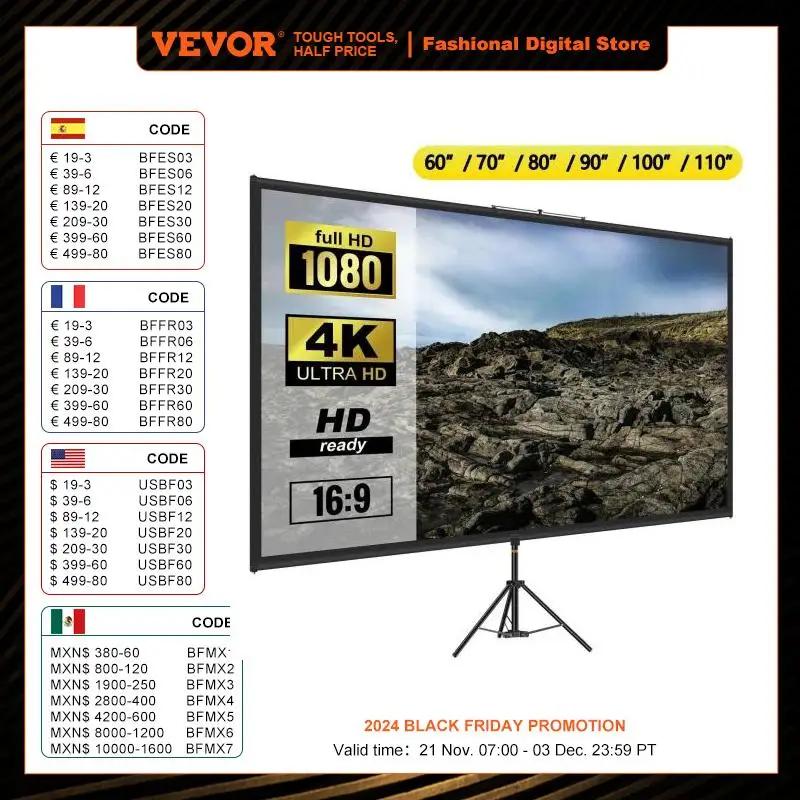 VEVOR 60 70 80 90 100 110 Inch Tripod Projector Screen W/ Stand 16:9 4K HD Portable Home Cinema for Indoor & Outdoor Projection