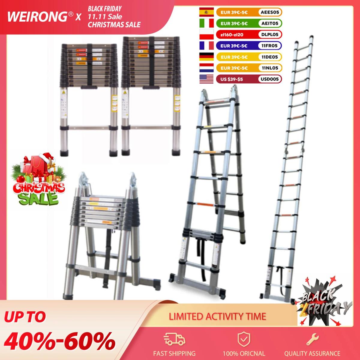 Telescopic Ladder 2.6M-5M Multi-Purpose Steel Extendable Ladder with Anti-Slip Feet,EN131 Sturdy Loft Collapsible for Attic Roof