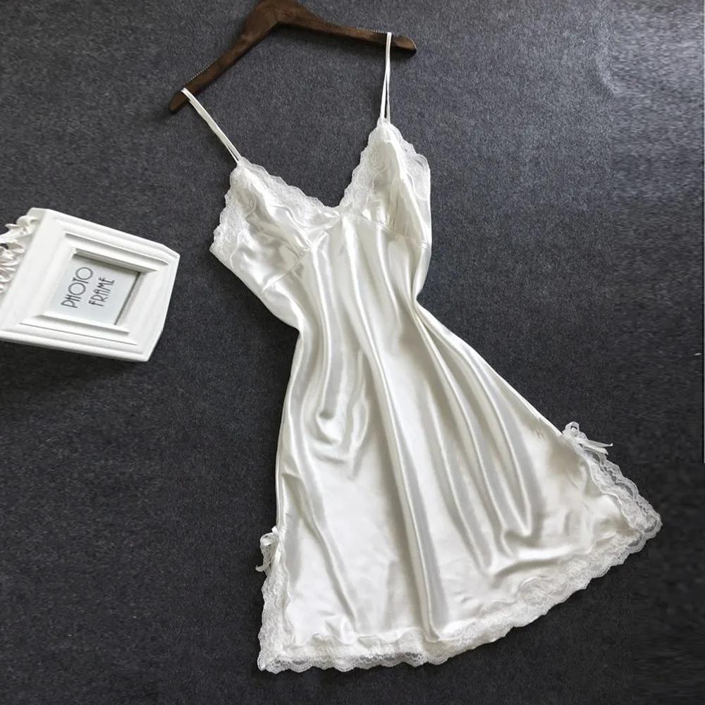 Women Satin Sleepdress Sexy Bowknot Lace Babydoll V Neck Pron Lingerie Large Size Ladies Underwear Bra Support Pajama Intimate